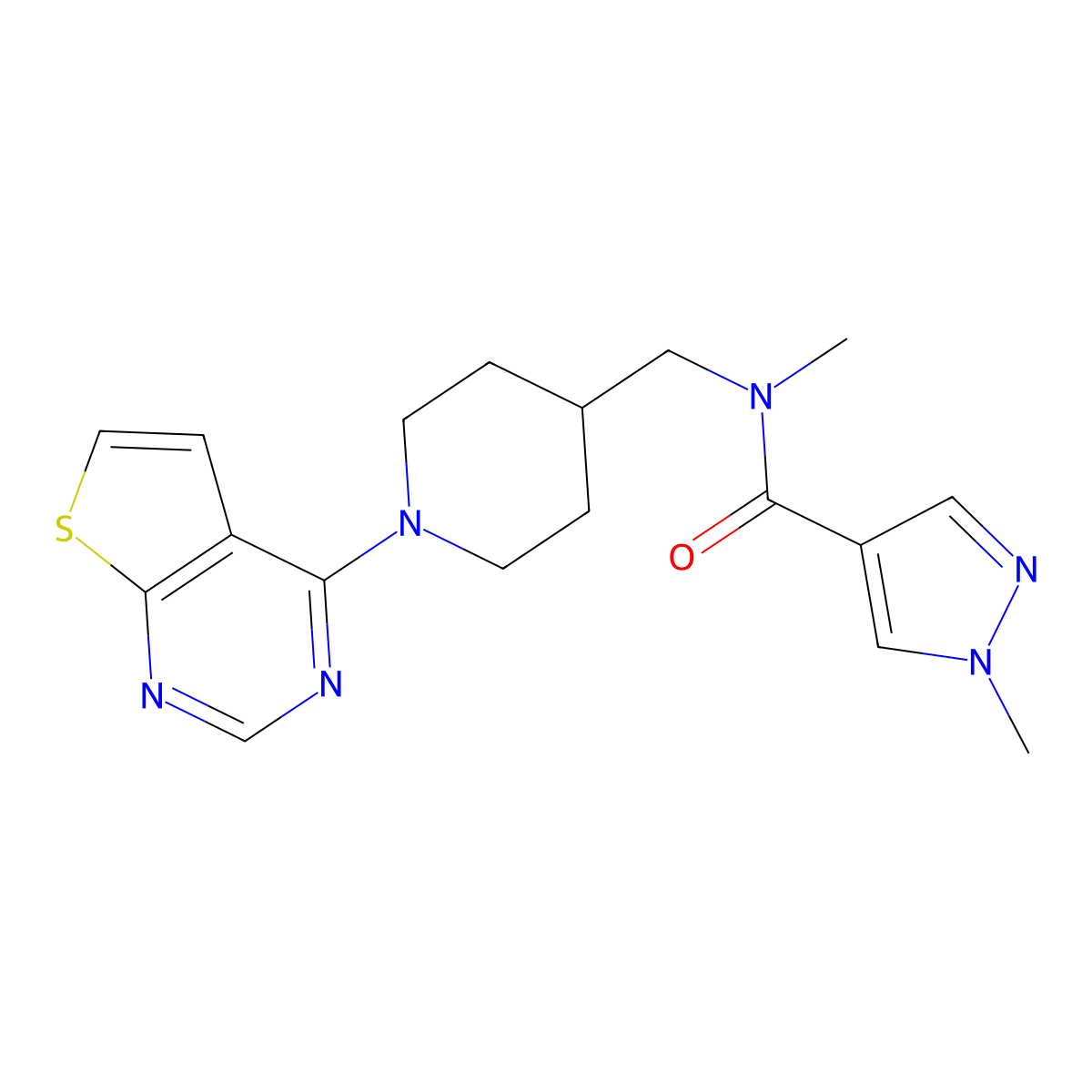 N,1-dimethyl-N-[(1-{thieno[2,3-d]pyrimidin-4-yl}piperidin-4-yl)methyl]-1H-pyrazole-4-carboxamide molecular structure, CAS 3054553-21-5