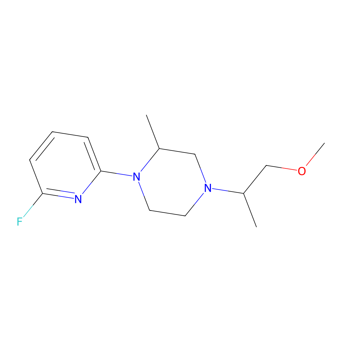 1-(6-Fluoropyridin-2-yl)-4-(1-methoxypropan-2-yl)-2-methylpiperazine molecular structure, CAS 3054553-29-3