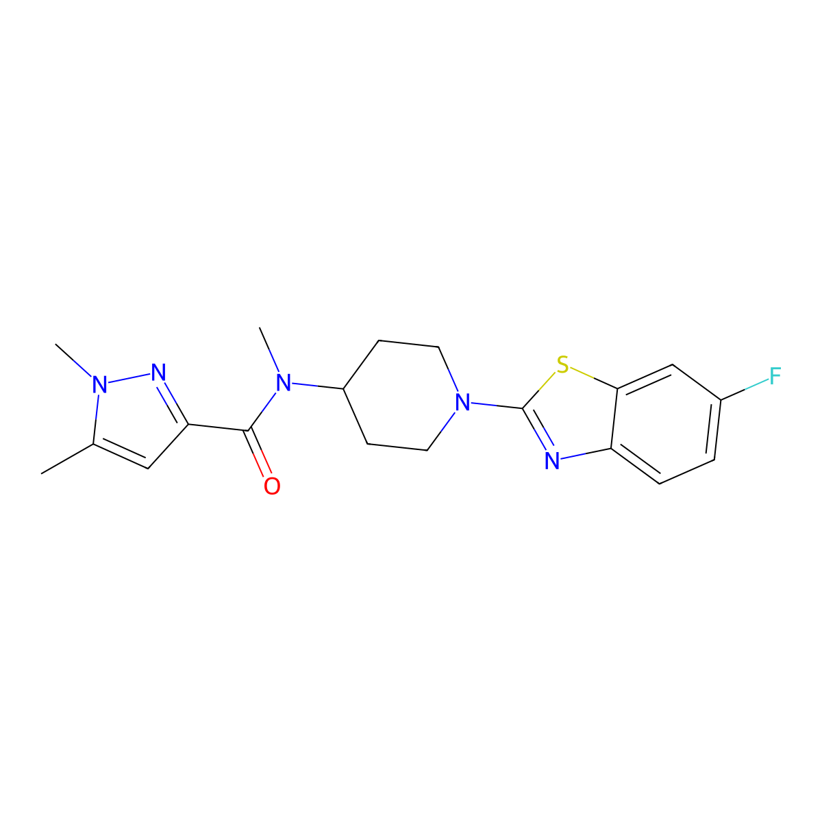 N-[1-(6-fluoro-1,3-benzothiazol-2-yl)piperidin-4-yl]-N,1,5-trimethyl-1H-pyrazole-3-carboxamide molecular structure, CAS 3054553-30-6