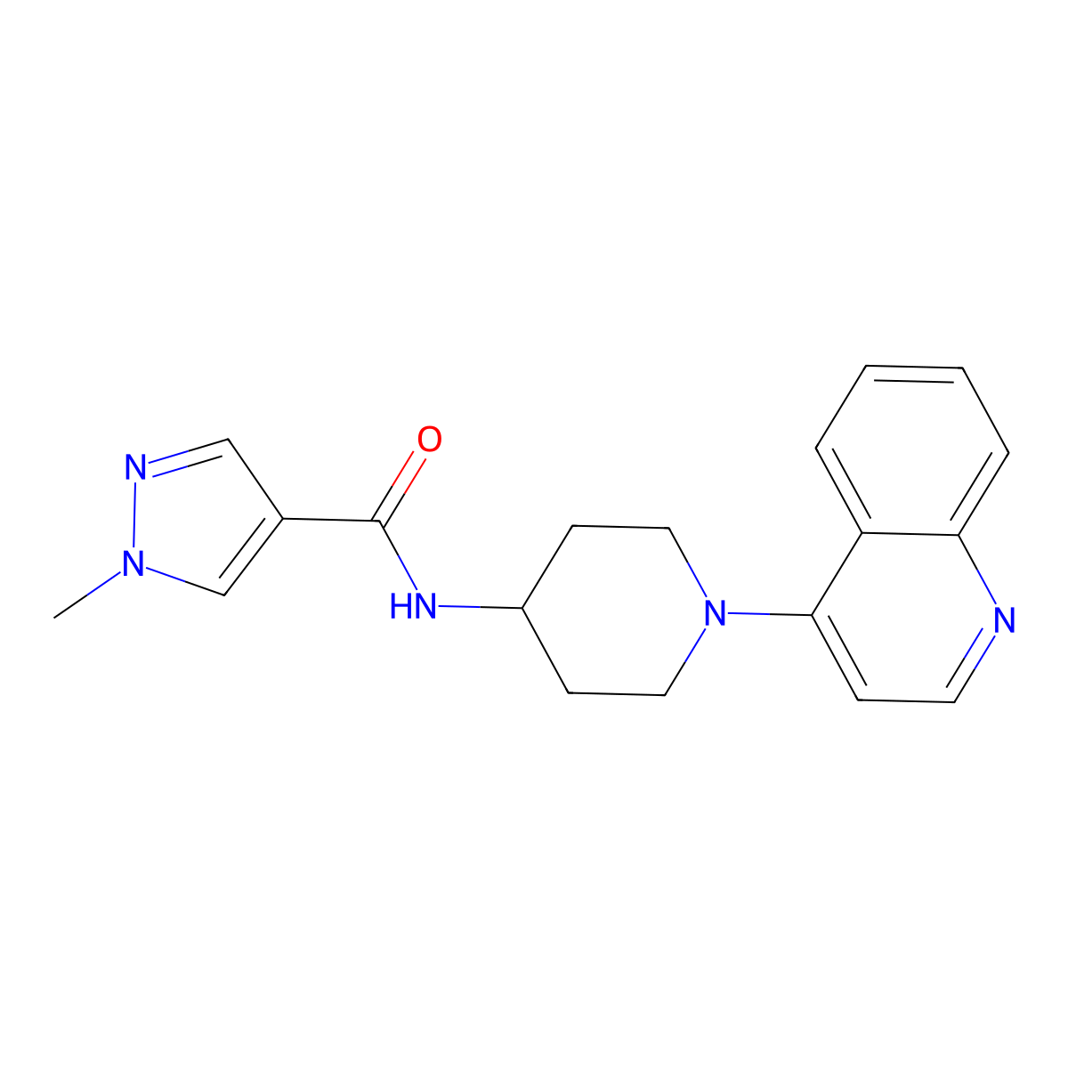 1-methyl-N-[1-(quinolin-4-yl)piperidin-4-yl]-1H-pyrazole-4-carboxamide molecular structure, CAS 3054553-32-8