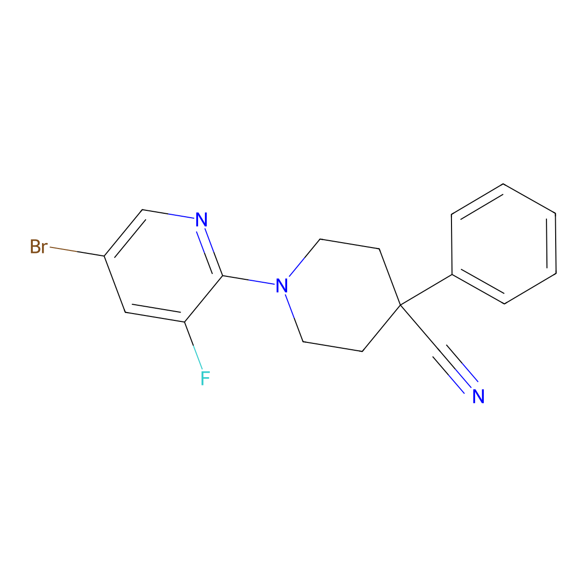 1-(5-Bromo-3-fluoropyridin-2-yl)-4-phenylpiperidine-4-carbonitrile molecular structure, CAS 3054553-46-4