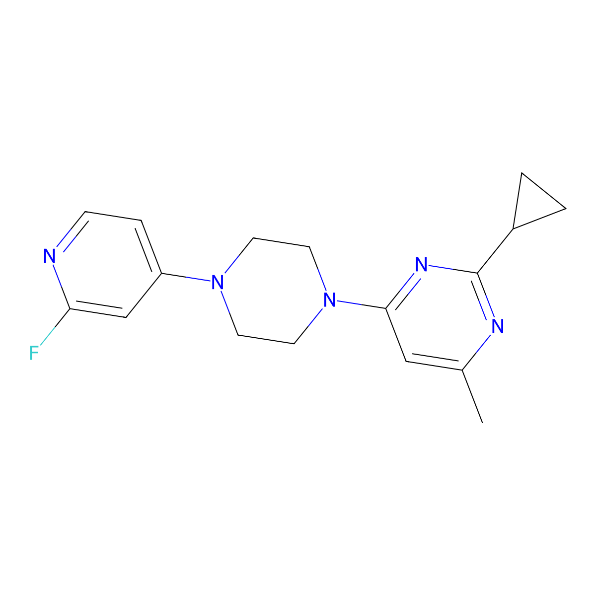 2-Cyclopropyl-4-[4-(2-fluoropyridin-4-yl)piperazin-1-yl]-6-methylpyrimidine molecular structure, CAS 3054553-59-9