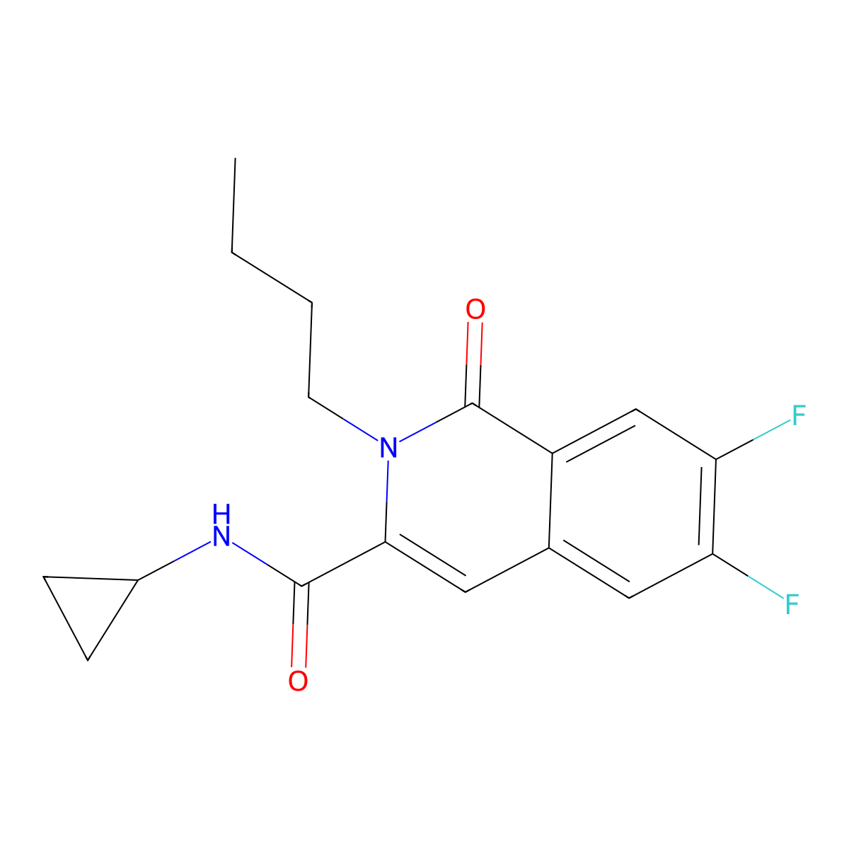 2-butyl-N-cyclopropyl-6,7-difluoro-1-oxo-1,2-dihydroisoquinoline-3-carboxamide molecular structure, CAS 3054553-60-2