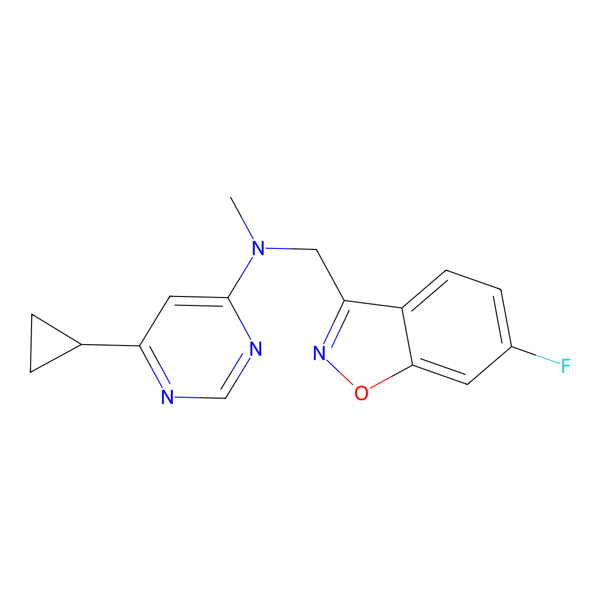 6-cyclopropyl-N-[(6-fluoro-1,2-benzoxazol-3-yl)methyl]-N-methylpyrimidin-4-amine molecular structure, CAS 3054553-63-5