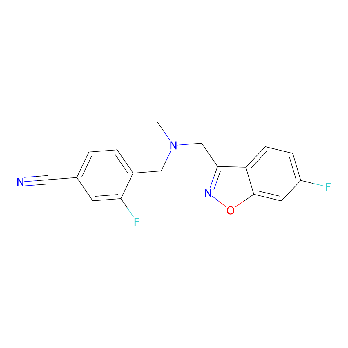 3-Fluoro-4-({[(6-fluoro-1,2-benzoxazol-3-yl)methyl](methyl)amino}methyl)benzonitrile molecular structure, CAS 3054553-70-4