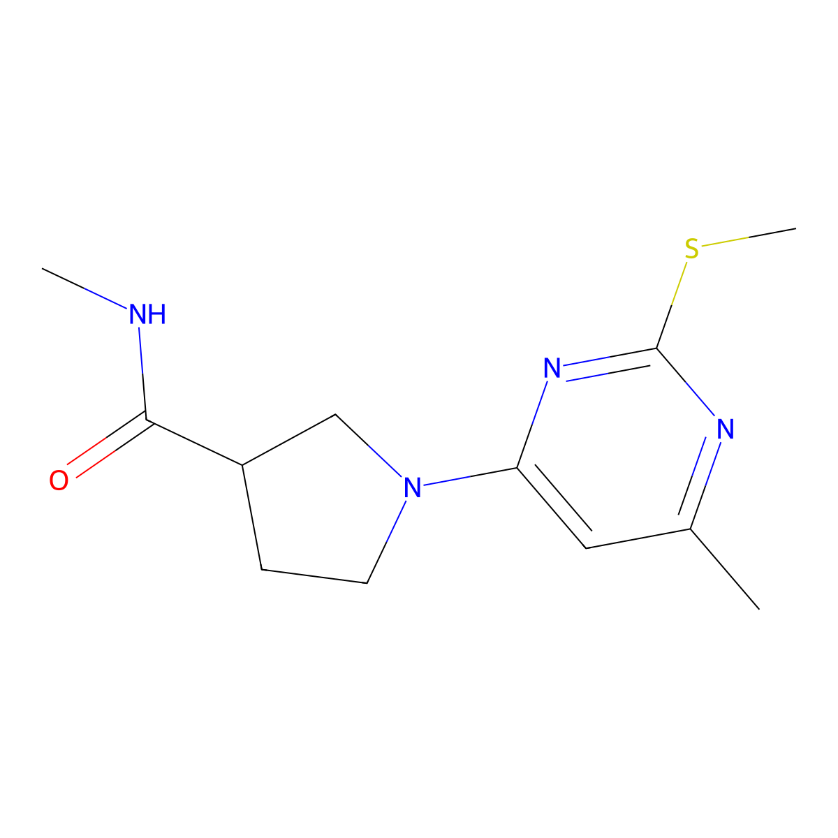 N-methyl-1-[6-methyl-2-(methylsulfanyl)pyrimidin-4-yl]pyrrolidine-3-carboxamide molecular structure, CAS 3054553-73-7