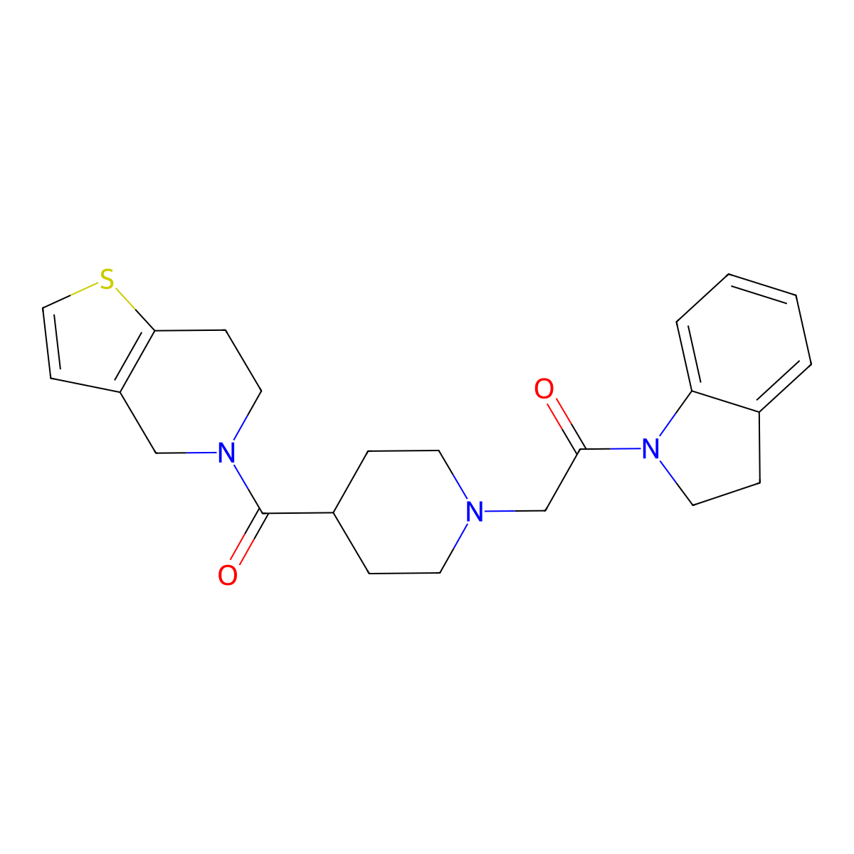 1-(2,3-dihydro-1H-indol-1-yl)-2-(4-{4H,5H,6H,7H-thieno[3,2-c]pyridine-5-carbonyl}piperidin-1-yl)ethan-1-one molecular structure, CAS 3054553-75-9