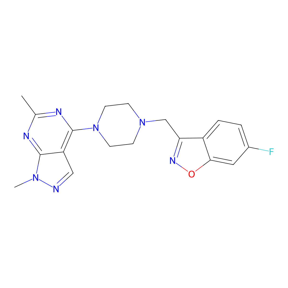 3-[(4-{1,6-dimethyl-1H-pyrazolo[3,4-d]pyrimidin-4-yl}piperazin-1-yl)methyl]-6-fluoro-1,2-benzoxazole molecular structure, CAS 3054553-92-0