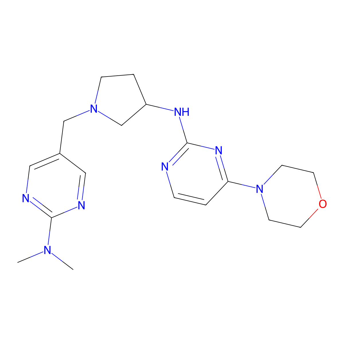 N-(1-{[2-(dimethylamino)pyrimidin-5-yl]methyl}pyrrolidin-3-yl)-4-(morpholin-4-yl)pyrimidin-2-amine molecular structure, CAS 3054553-97-5