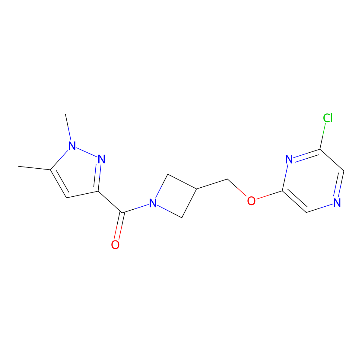 2-chloro-6-{[1-(1,5-dimethyl-1H-pyrazole-3-carbonyl)azetidin-3-yl]methoxy}pyrazine molecular structure, CAS 3054554-09-2