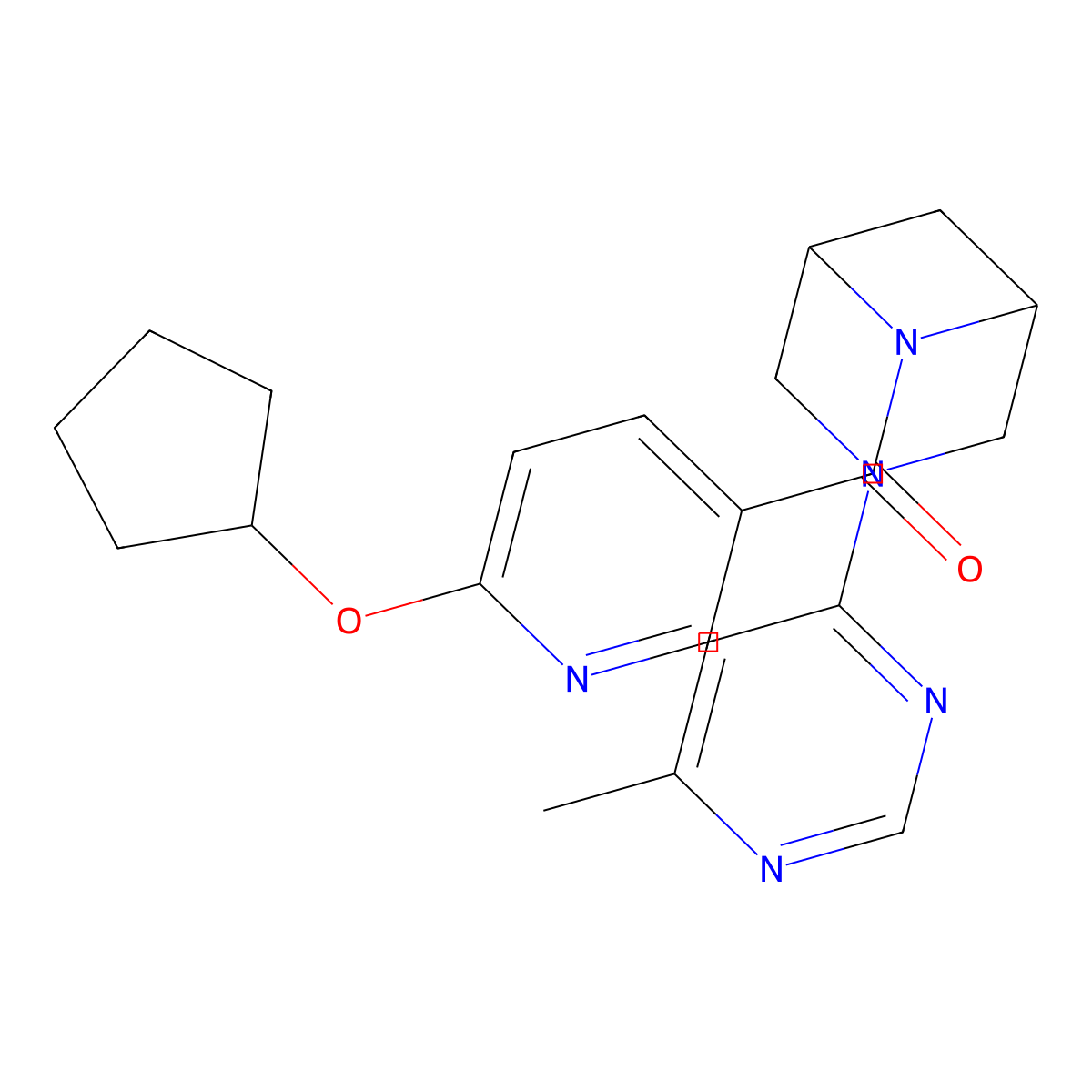 6-[6-(Cyclopentyloxy)pyridine-3-carbonyl]-3-(6-methylpyrimidin-4-yl)-3,6-diazabicyclo[3.1.1]heptane molecular structure, CAS 3054554-11-6