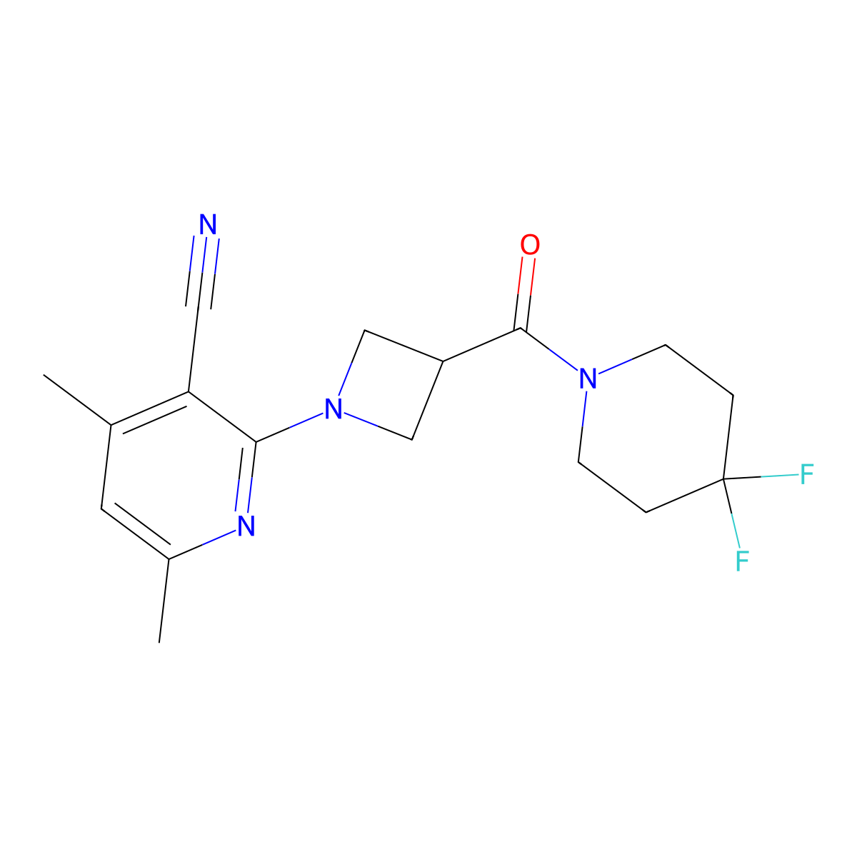 2-[3-(4,4-Difluoropiperidine-1-carbonyl)azetidin-1-yl]-4,6-dimethylpyridine-3-carbonitrile molecular structure, CAS 3054554-17-2