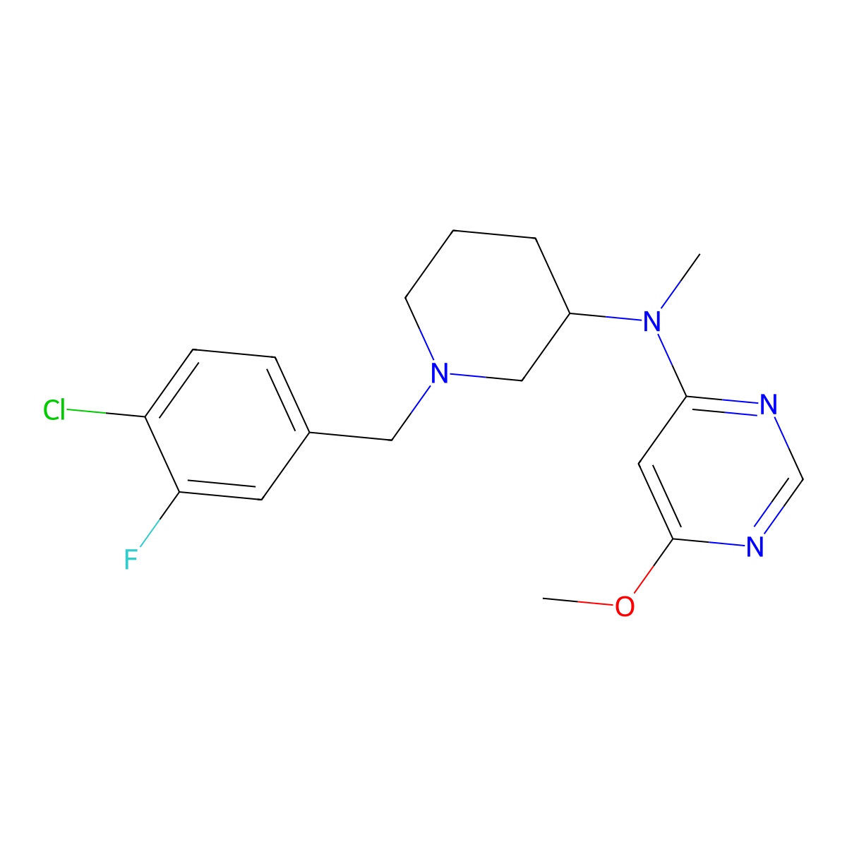 N-{1-[(4-chloro-3-fluorophenyl)methyl]piperidin-3-yl}-6-methoxy-N-methylpyrimidin-4-amine molecular structure, CAS 3054554-18-3
