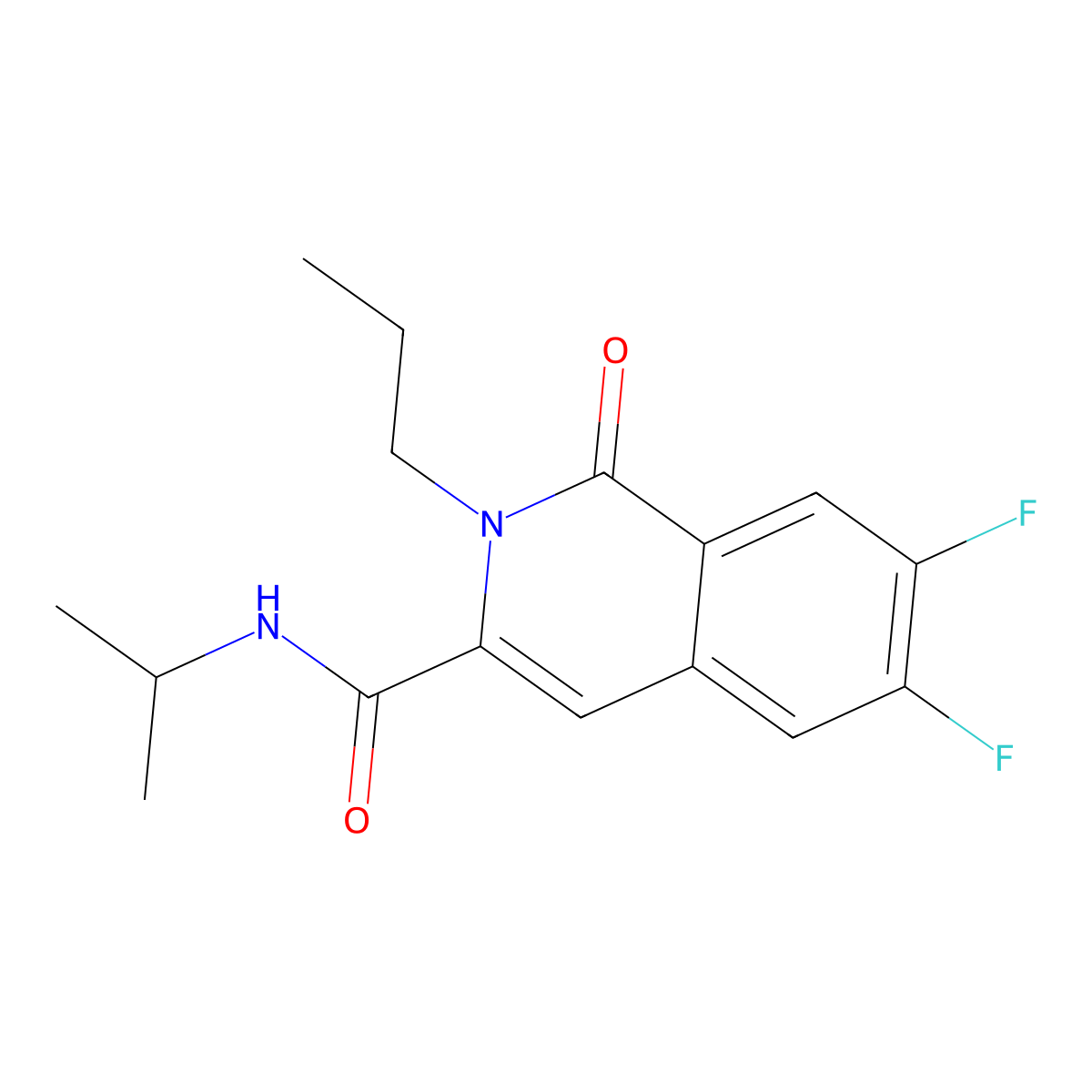 6,7-difluoro-1-oxo-N-(propan-2-yl)-2-propyl-1,2-dihydroisoquinoline-3-carboxamide molecular structure, CAS 3054554-29-6