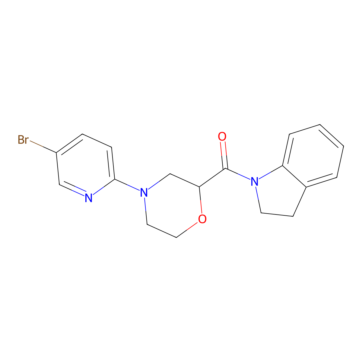 1-[4-(5-bromopyridin-2-yl)morpholine-2-carbonyl]-2,3-dihydro-1H-indole molecular structure, CAS 3054554-38-7