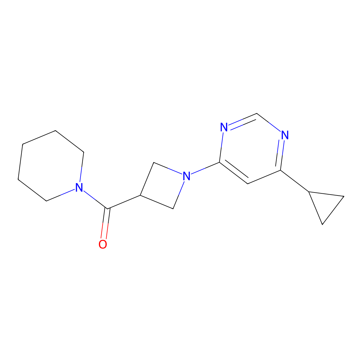 4-Cyclopropyl-6-[3-(piperidine-1-carbonyl)azetidin-1-yl]pyrimidine molecular structure, CAS 3054554-41-2