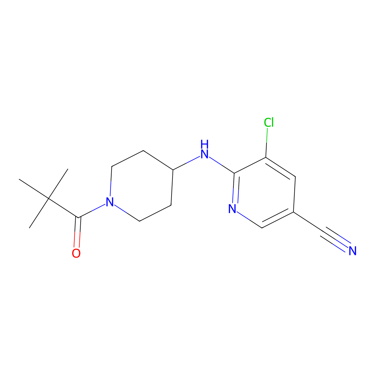 5-Chloro-6-{[1-(2,2-dimethylpropanoyl)piperidin-4-yl]amino}pyridine-3-carbonitrile molecular structure, CAS 3054554-48-9