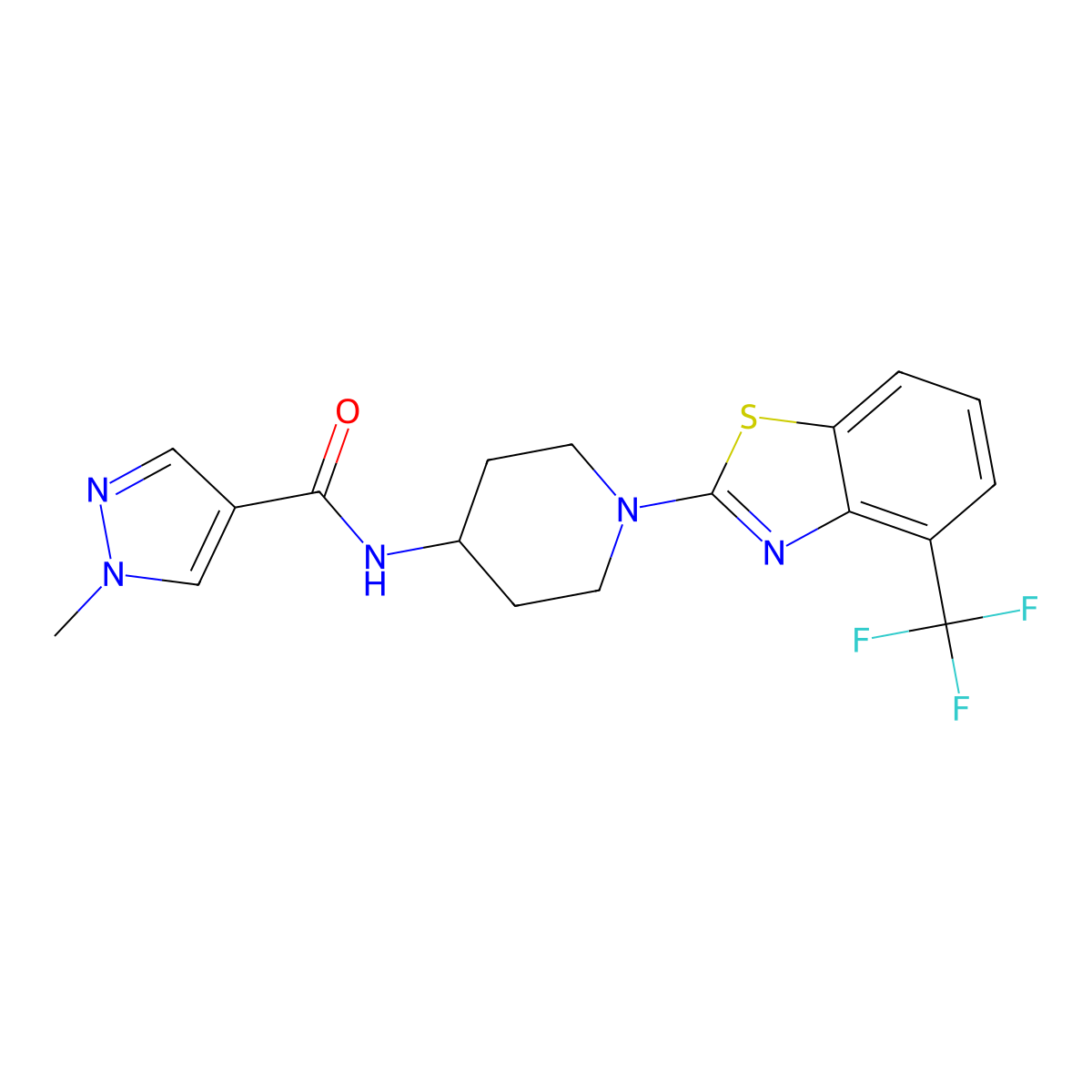 1-methyl-N-{1-[4-(trifluoromethyl)-1,3-benzothiazol-2-yl]piperidin-4-yl}-1H-pyrazole-4-carboxamide molecular structure, CAS 3054554-53-6