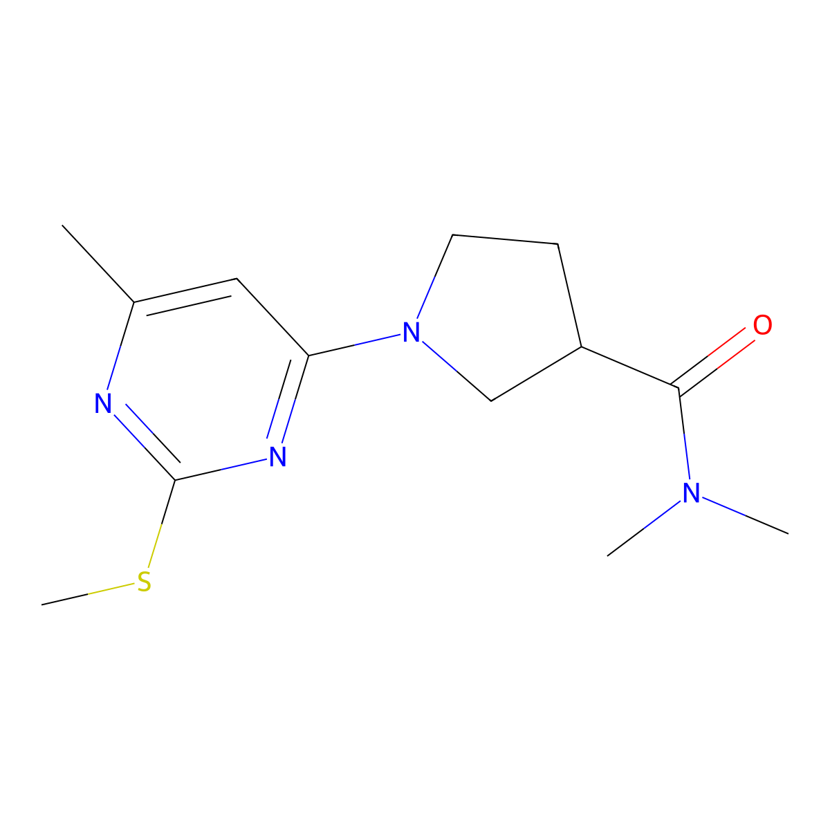 N,N-dimethyl-1-[6-methyl-2-(methylsulfanyl)pyrimidin-4-yl]pyrrolidine-3-carboxamide molecular structure, CAS 3054554-58-1