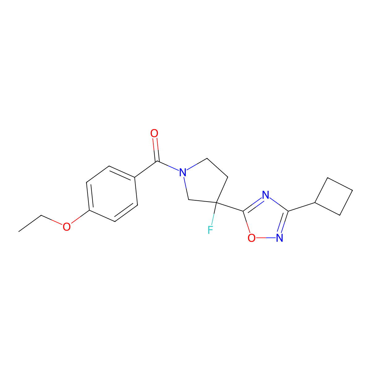 3-Cyclobutyl-5-[1-(4-ethoxybenzoyl)-3-fluoropyrrolidin-3-yl]-1,2,4-oxadiazole molecular structure, CAS 3054554-73-0