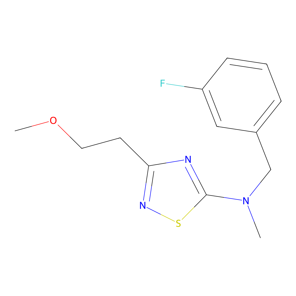 N-[(3-fluorophenyl)methyl]-3-(2-methoxyethyl)-N-methyl-1,2,4-thiadiazol-5-amine molecular structure, CAS 3054554-74-1