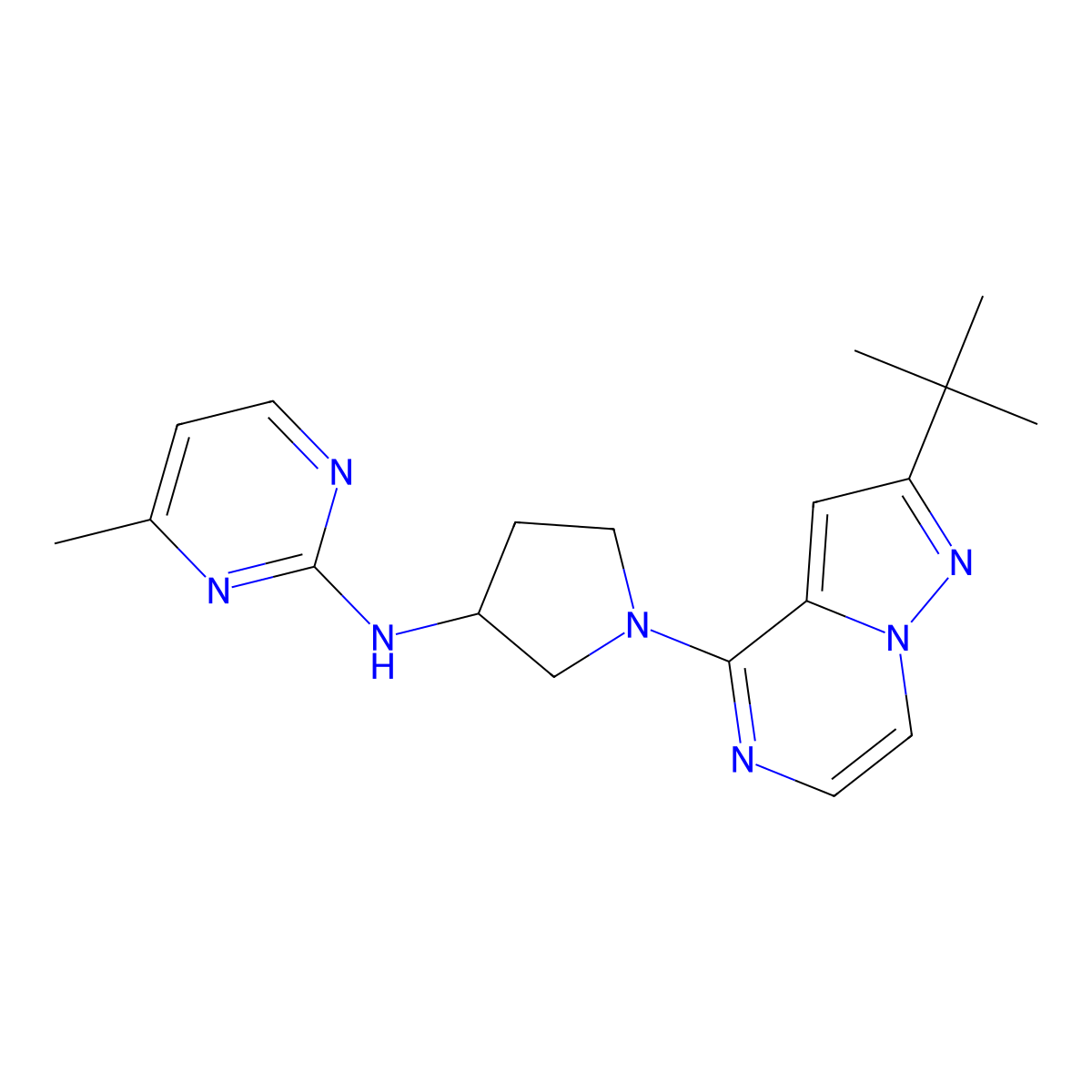 N-(1-{2-tert-butylpyrazolo[1,5-a]pyrazin-4-yl}pyrrolidin-3-yl)-4-methylpyrimidin-2-amine molecular structure, CAS 3054554-76-3