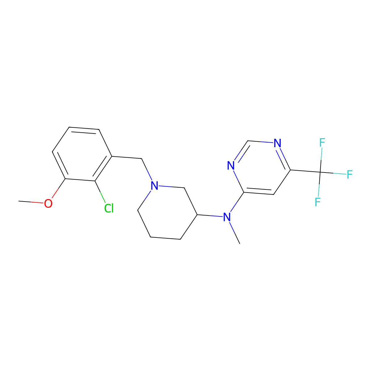 N-{1-[(2-chloro-3-methoxyphenyl)methyl]piperidin-3-yl}-N-methyl-6-(trifluoromethyl)pyrimidin-4-amine molecular structure, CAS 3054554-77-4