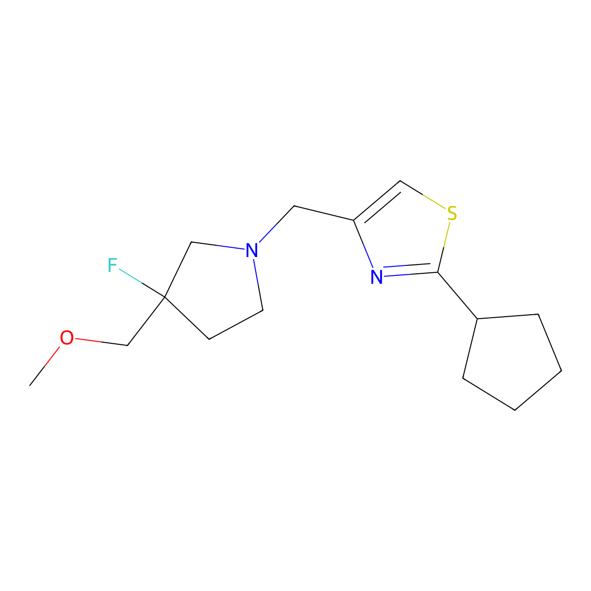 2-Cyclopentyl-4-{[3-fluoro-3-(methoxymethyl)pyrrolidin-1-yl]methyl}-1,3-thiazole molecular structure, CAS 3054554-79-6