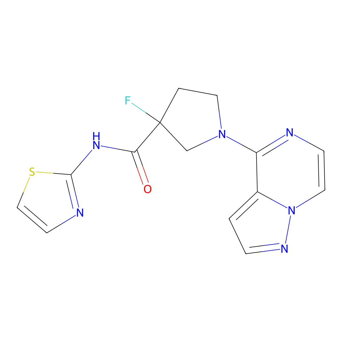 3-fluoro-1-{pyrazolo[1,5-a]pyrazin-4-yl}-N-(1,3-thiazol-2-yl)pyrrolidine-3-carboxamide molecular structure, CAS 3054554-83-2