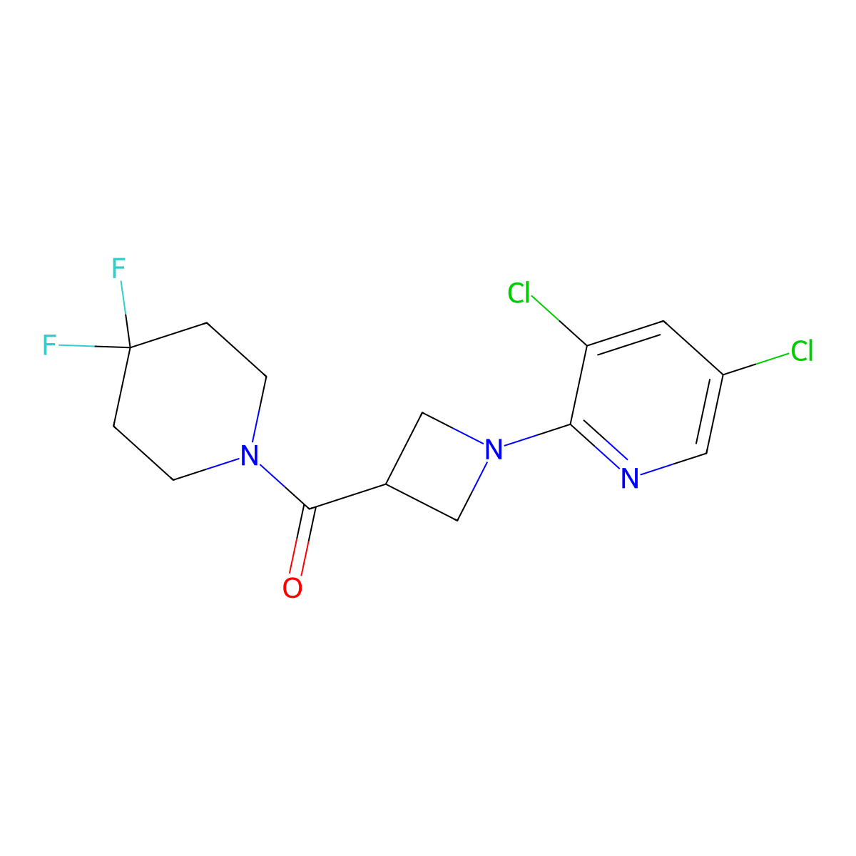 3,5-Dichloro-2-[3-(4,4-difluoropiperidine-1-carbonyl)azetidin-1-yl]pyridine molecular structure, CAS 3054554-84-3