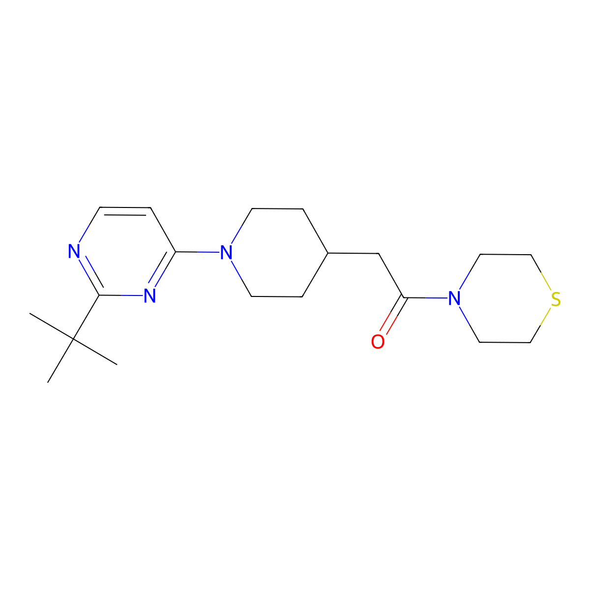 2-[1-(2-Tert-butylpyrimidin-4-yl)piperidin-4-yl]-1-(thiomorpholin-4-yl)ethan-1-one molecular structure, CAS 3054554-98-9