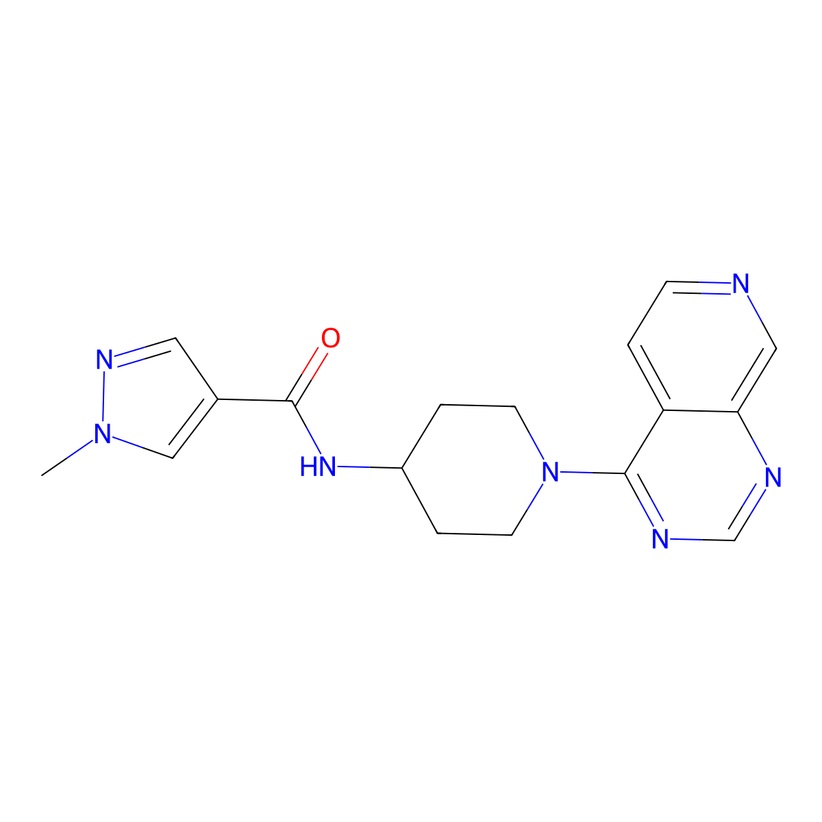 1-methyl-N-(1-{pyrido[3,4-d]pyrimidin-4-yl}piperidin-4-yl)-1H-pyrazole-4-carboxamide molecular structure, CAS 3054555-02-8