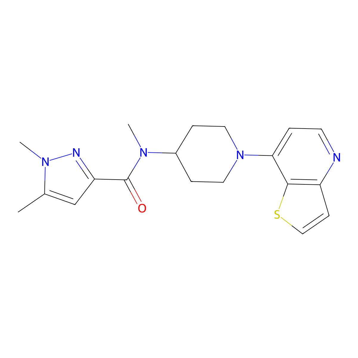N,1,5-trimethyl-N-(1-{thieno[3,2-b]pyridin-7-yl}piperidin-4-yl)-1H-pyrazole-3-carboxamide molecular structure, CAS 3054555-06-2