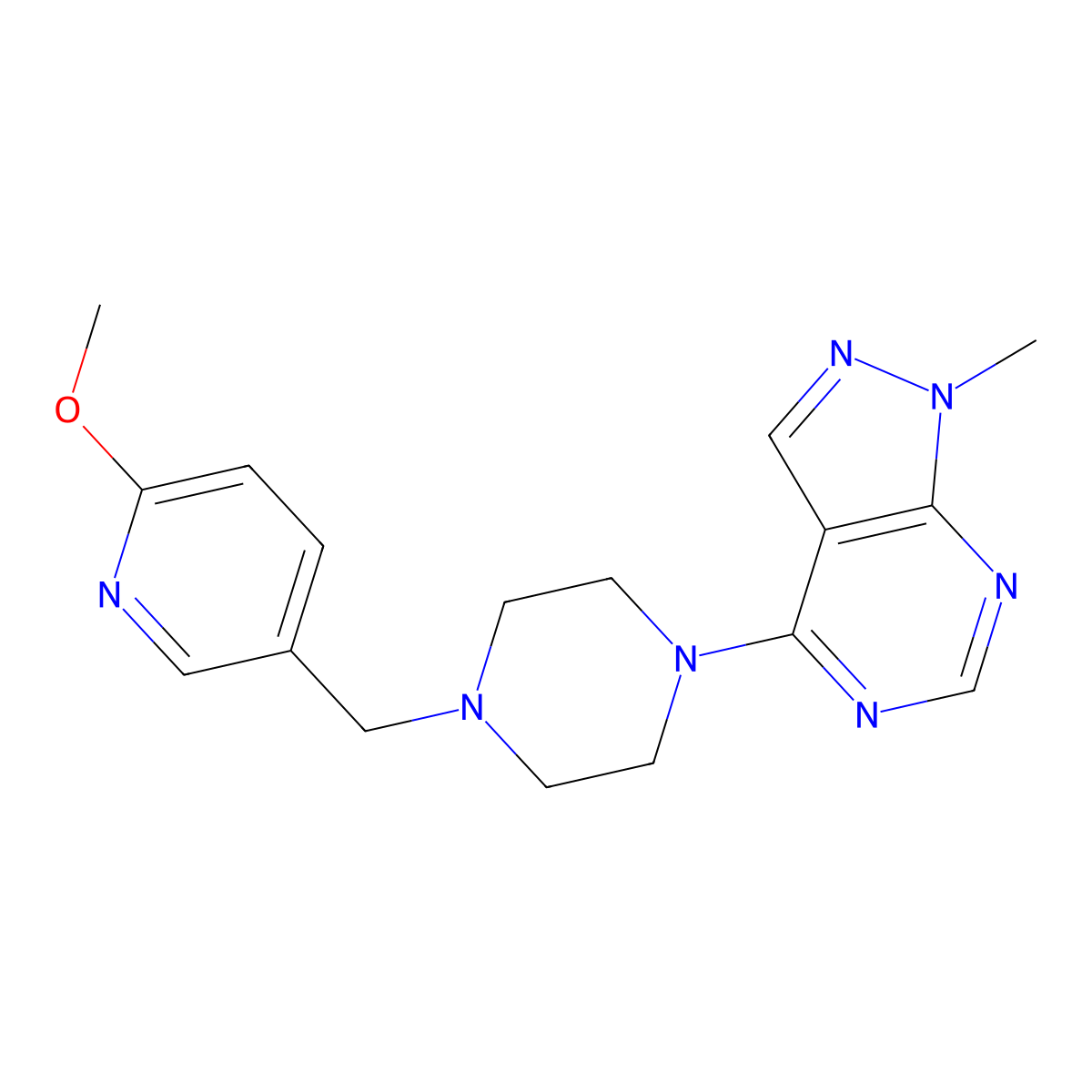 1-[(6-methoxypyridin-3-yl)methyl]-4-{1-methyl-1H-pyrazolo[3,4-d]pyrimidin-4-yl}piperazine molecular structure, CAS 3054555-15-3