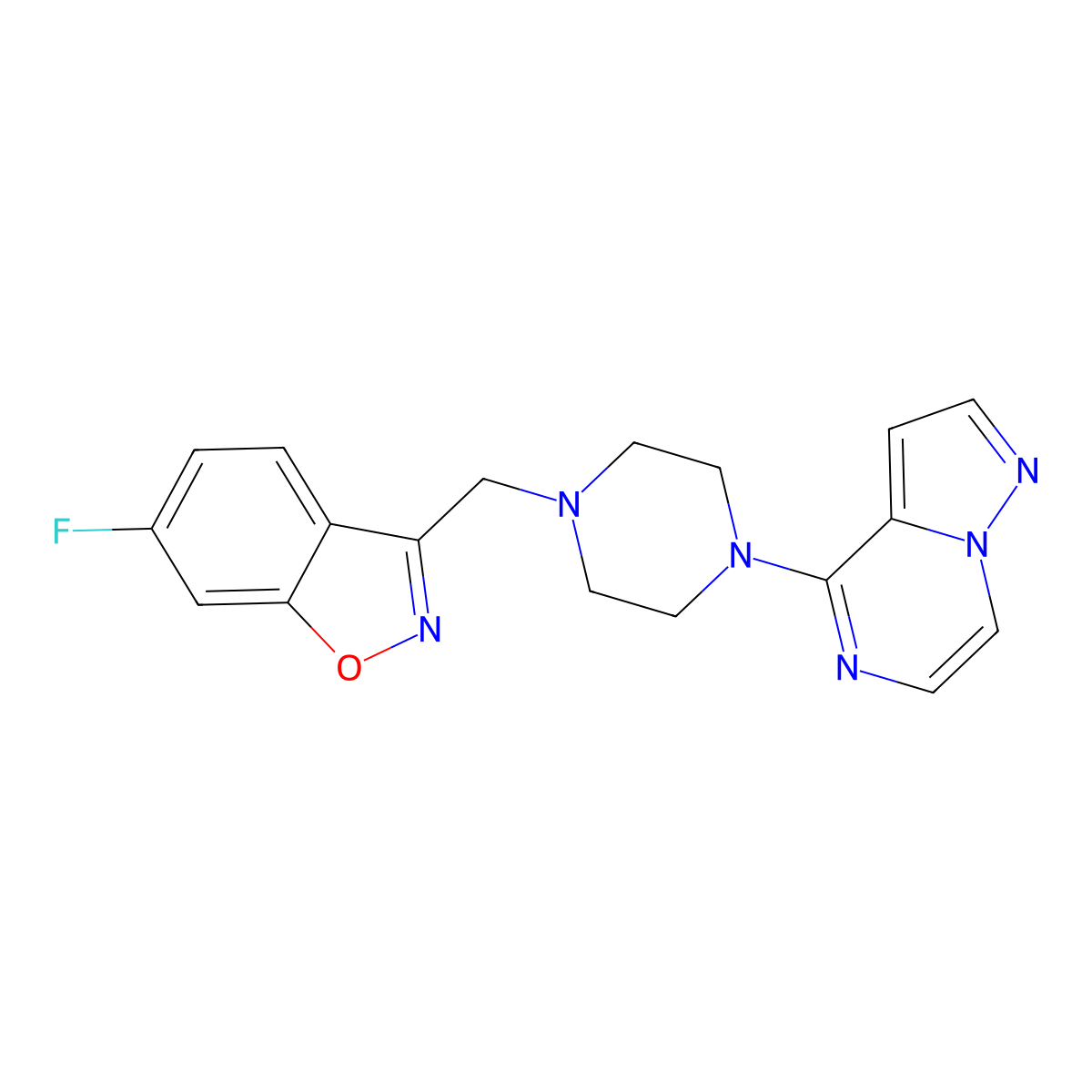 6-Fluoro-3-[(4-{pyrazolo[1,5-a]pyrazin-4-yl}piperazin-1-yl)methyl]-1,2-benzoxazole molecular structure, CAS 3054555-35-7