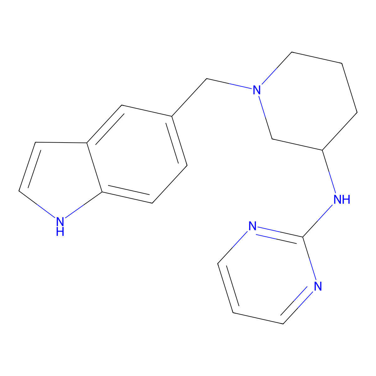 N-{1-[(1H-indol-5-yl)methyl]piperidin-3-yl}pyrimidin-2-amine molecular structure, CAS 3054555-41-5