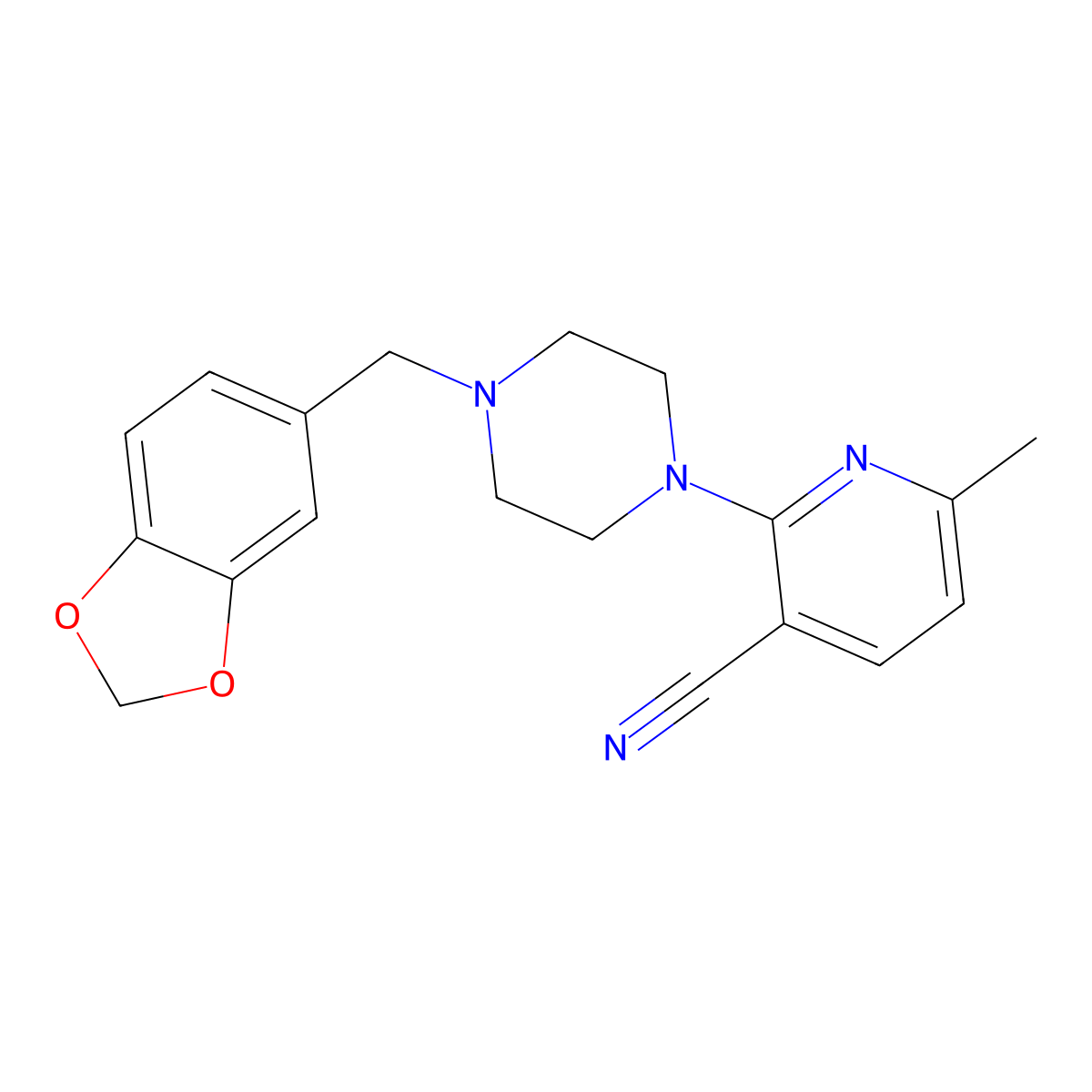 2-{4-[(2H-1,3-benzodioxol-5-yl)methyl]piperazin-1-yl}-6-methylpyridine-3-carbonitrile molecular structure, CAS 3054555-43-7