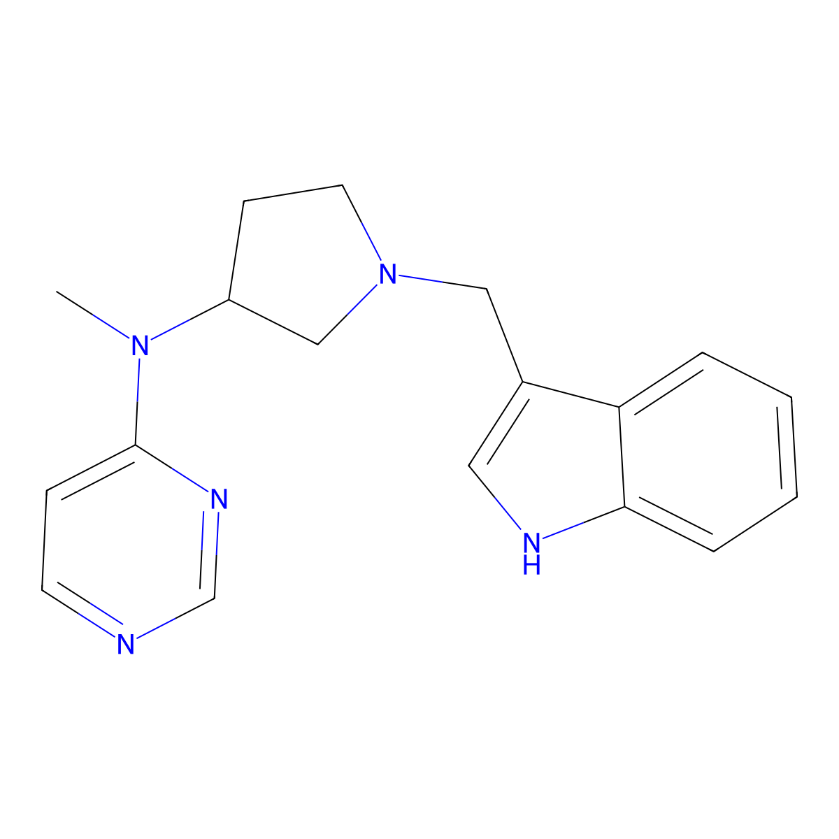 N-{1-[(1H-indol-3-yl)methyl]pyrrolidin-3-yl}-N-methylpyrimidin-4-amine molecular structure, CAS 3054555-45-9