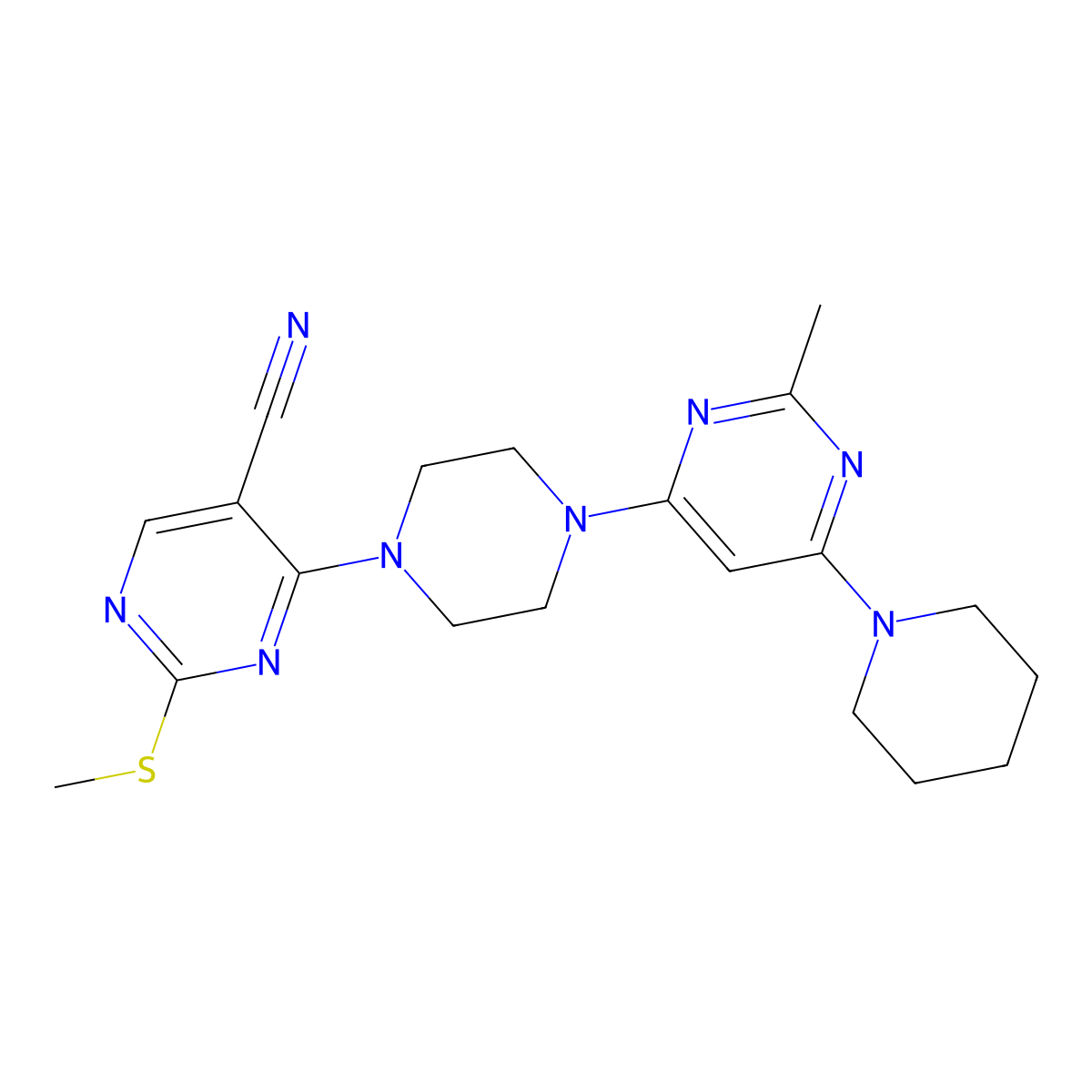 4-{4-[2-Methyl-6-(piperidin-1-yl)pyrimidin-4-yl]piperazin-1-yl}-2-(methylsulfanyl)pyrimidine-5-carbonitrile molecular structure, CAS 3054555-51-7