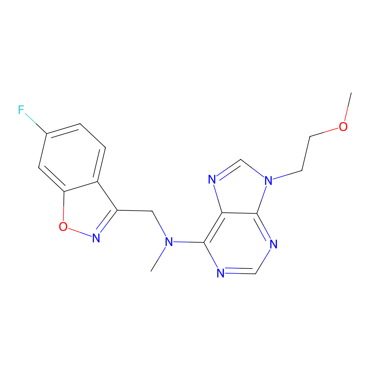 N-[(6-fluoro-1,2-benzoxazol-3-yl)methyl]-9-(2-methoxyethyl)-N-methyl-9H-purin-6-amine molecular structure, CAS 3054555-56-2