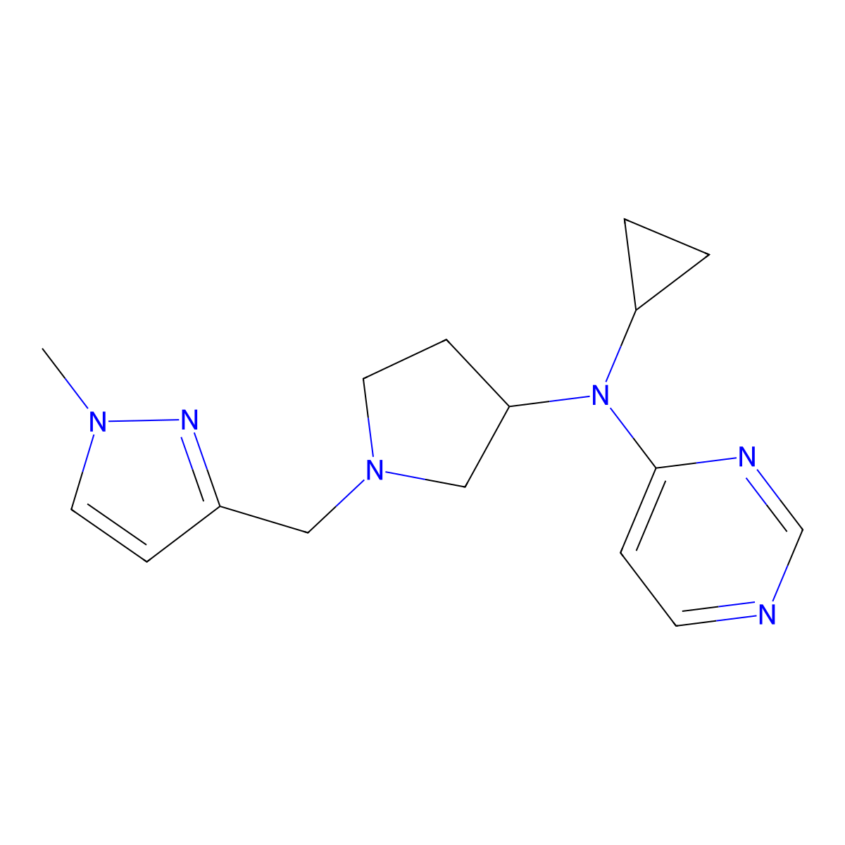 N-cyclopropyl-N-{1-[(1-methyl-1H-pyrazol-3-yl)methyl]pyrrolidin-3-yl}pyrimidin-4-amine molecular structure, CAS 3054555-57-3
