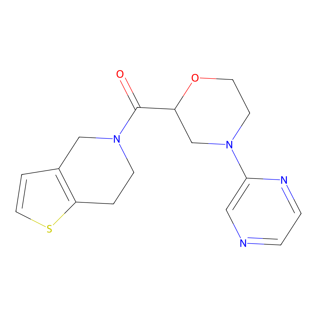 4-(pyrazin-2-yl)-2-{4H,5H,6H,7H-thieno[3,2-c]pyridine-5-carbonyl}morpholine molecular structure, CAS 3054555-69-7