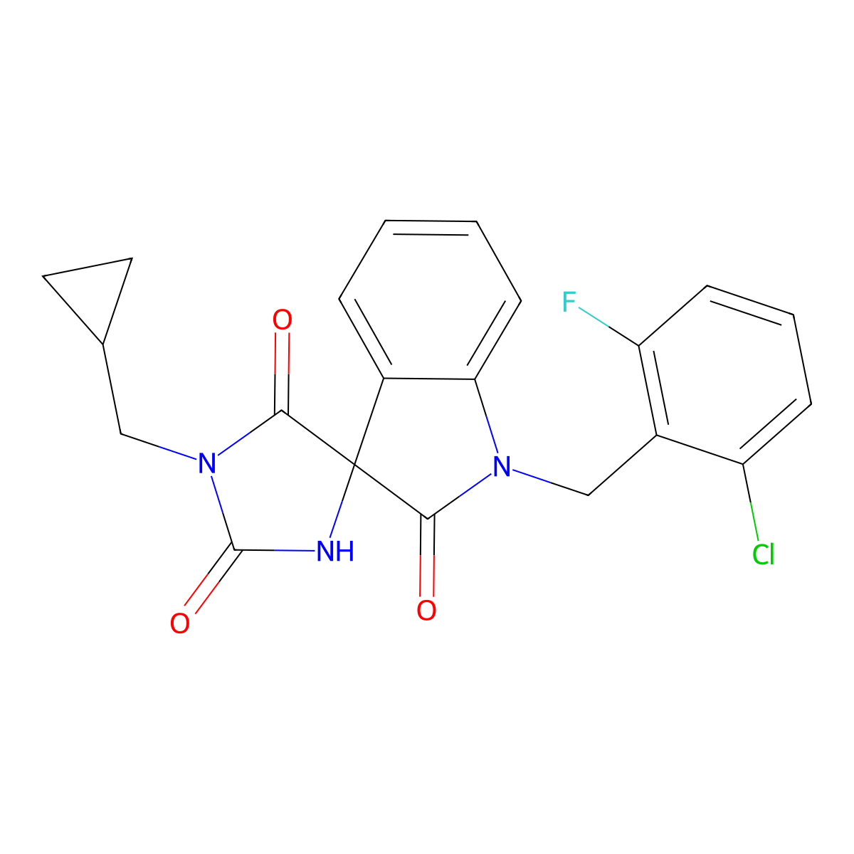 1'-[(2-Chloro-6-fluorophenyl)methyl]-3-(cyclopropylmethyl)spiro[imidazolidine-5,3'-indole]-2,2',4-trione molecular structure, CAS 3054555-76-6