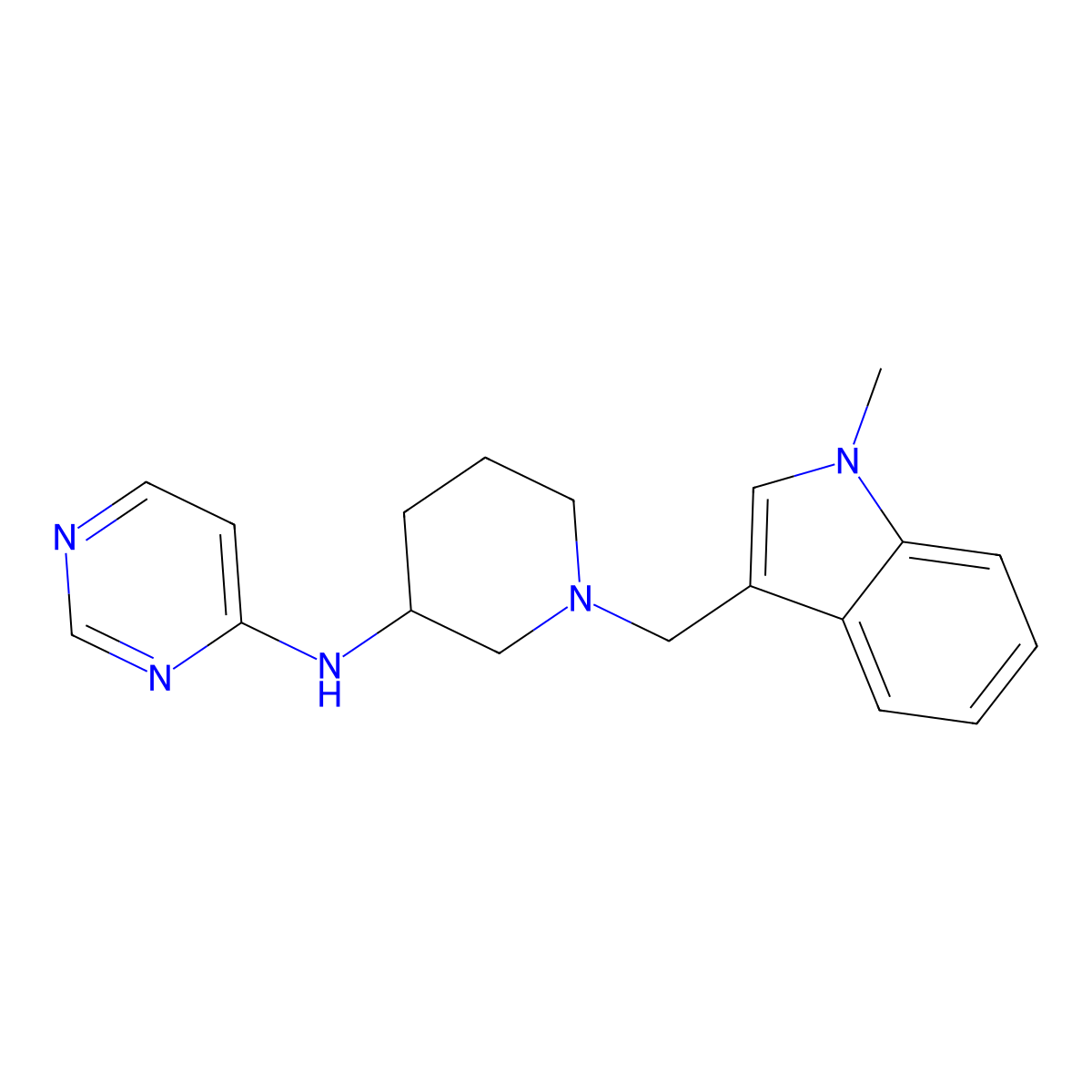 N-{1-[(1-methyl-1H-indol-3-yl)methyl]piperidin-3-yl}pyrimidin-4-amine molecular structure, CAS 3054555-78-8