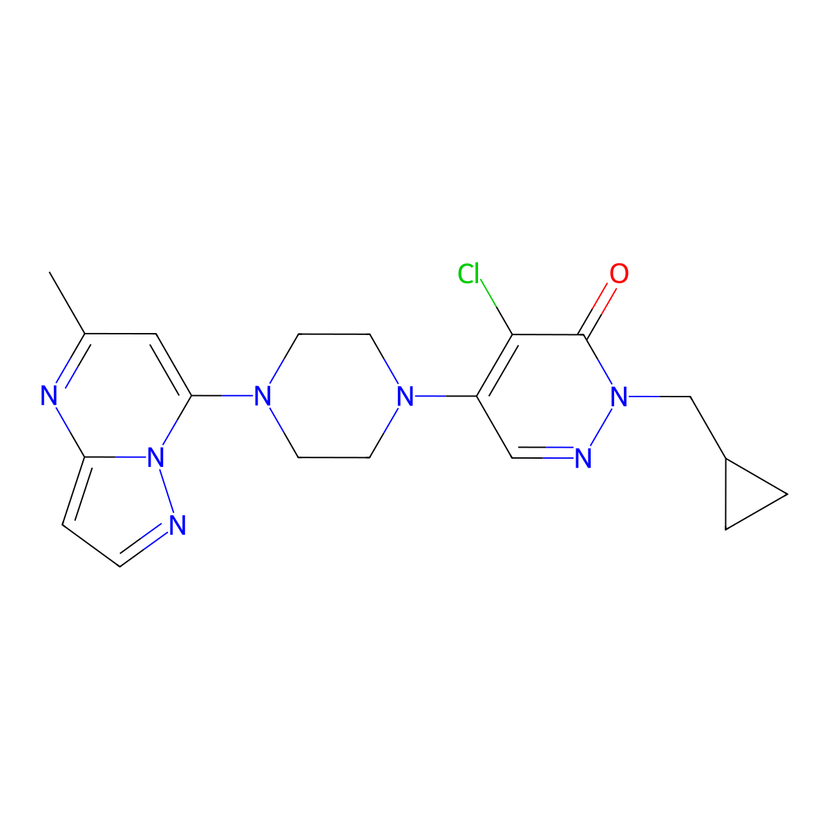 4-Chloro-2-(cyclopropylmethyl)-5-(4-{5-methylpyrazolo[1,5-a]pyrimidin-7-yl}piperazin-1-yl)-2,3-dihydropyridazin-3-one molecular structure, CAS 3054555-82-4