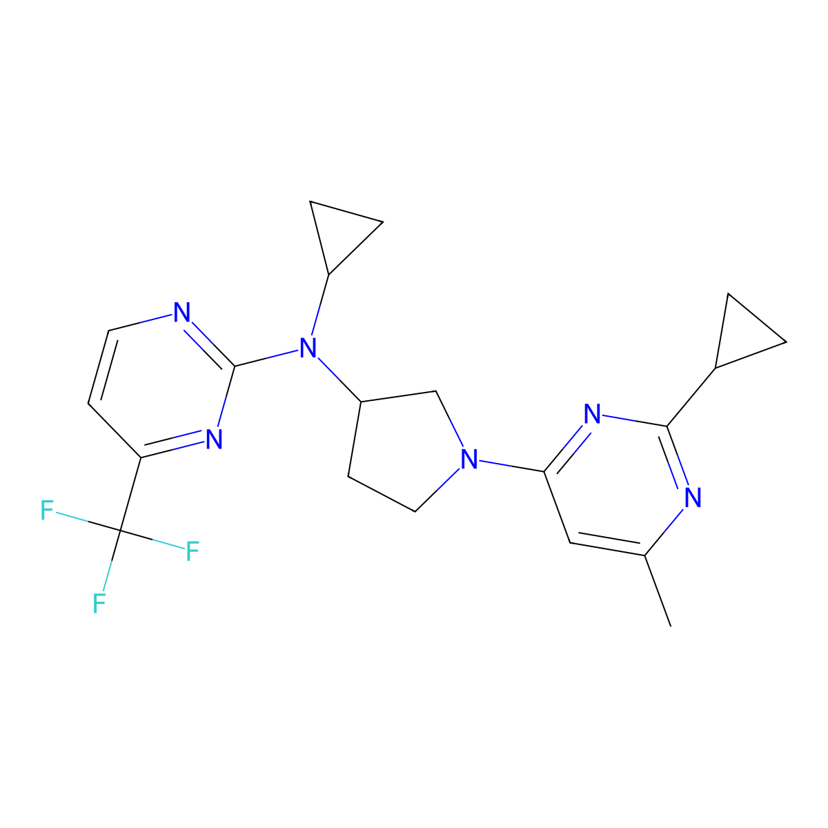 N-cyclopropyl-N-[1-(2-cyclopropyl-6-methylpyrimidin-4-yl)pyrrolidin-3-yl]-4-(trifluoromethyl)pyrimidin-2-amine molecular structure, CAS 3054555-96-0