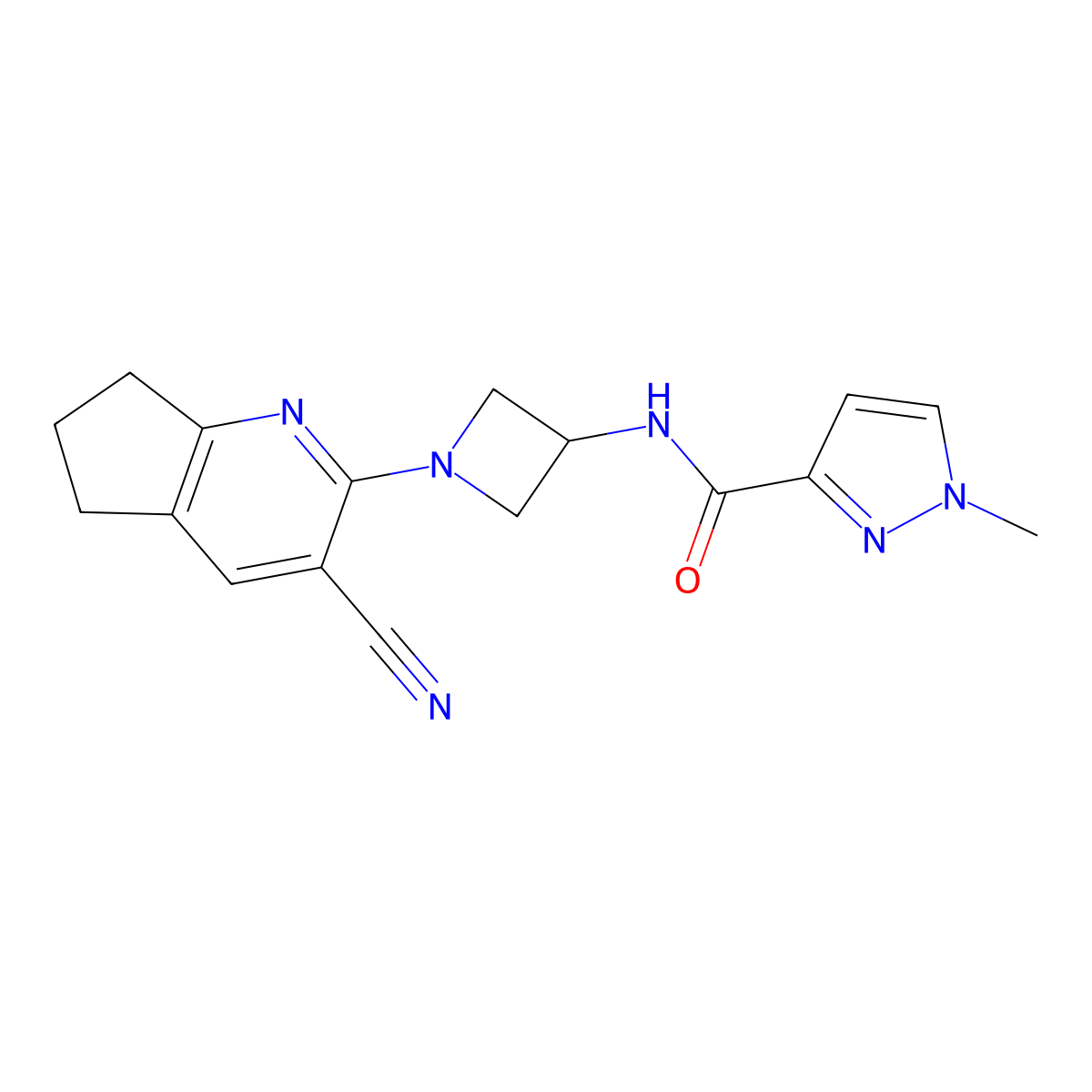 N-(1-{3-cyano-5H,6H,7H-cyclopenta[b]pyridin-2-yl}azetidin-3-yl)-1-methyl-1H-pyrazole-3-carboxamide molecular structure, CAS 3054556-03-2