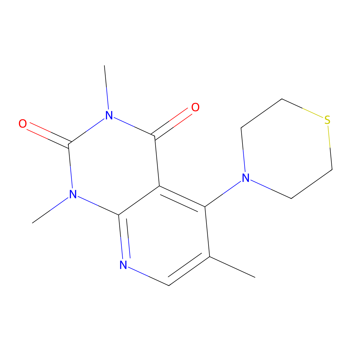1,3,6-trimethyl-5-(thiomorpholin-4-yl)-1H,2H,3H,4H-pyrido[2,3-d]pyrimidine-2,4-dione molecular structure, CAS 3054556-09-8