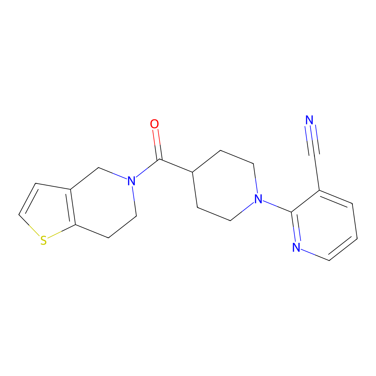 2-(4-{4H,5H,6H,7H-thieno[3,2-c]pyridine-5-carbonyl}piperidin-1-yl)pyridine-3-carbonitrile molecular structure, CAS 3054556-15-6