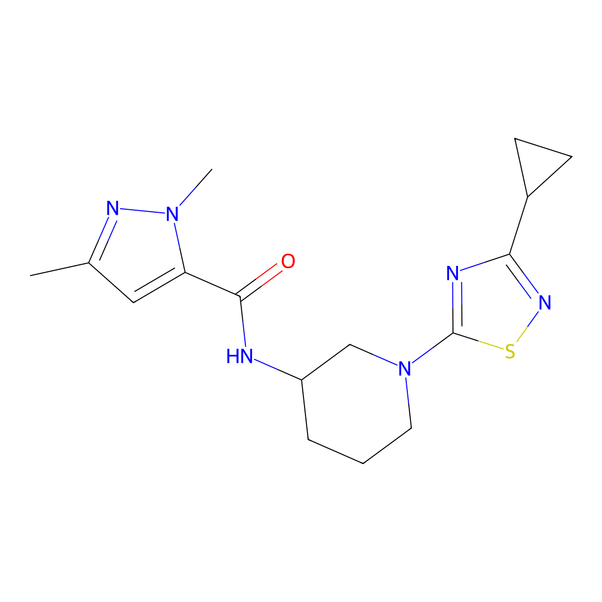 N-[1-(3-cyclopropyl-1,2,4-thiadiazol-5-yl)piperidin-3-yl]-1,3-dimethyl-1H-pyrazole-5-carboxamide molecular structure, CAS 3054556-17-8
